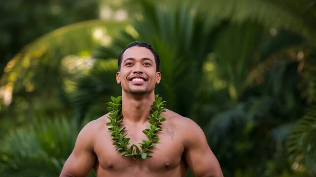 Adjusting red pareo shirtless man raising head smiling performing in tropical garden with green lei