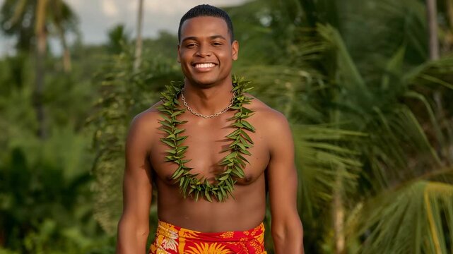 Looking down, shirtless man fixing pareo at palm grove, posing lifting leaf lei showing gold chain