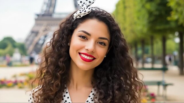 Joyful woman in polka dots enjoys parisian park near iconic landmark