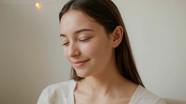 Holding right-hand over chest, woman turning head left opening eyes soothing at home beige Vneck