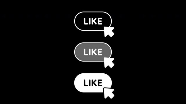 Liked, share and comment button motion graphic on transparent background. Clicking or pressing like, share and comment buttons animated with alpha channel. Social media, cursor.