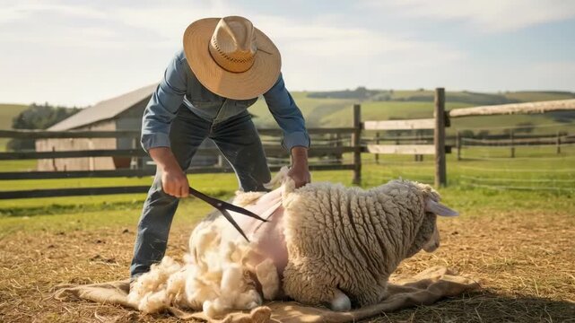 Medium shot of a farmer skillfully using manual shears to carefully remove wool from a calm sheep in a rustic outdoor setting.