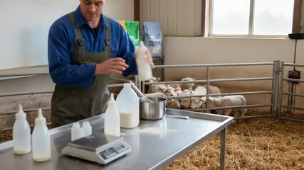 Medium shot of a handler preparing milk formula for lambs highlighting nutritional management and feeding preparation techniques.
