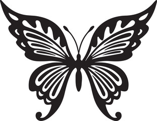 Stylized black and white illustration of a butterfly with intricate wing patterns.