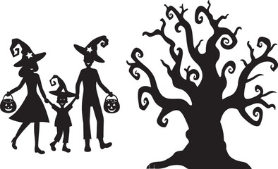 Silhouette of a family trick-or-treating in witch hats with a spooky bare tree, Halloween theme.