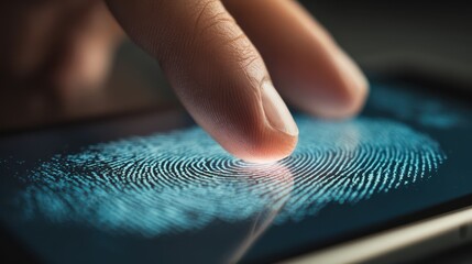 Medium shot of a person using a fingerprint scanner on a device to enable biometric verification during an online transaction.