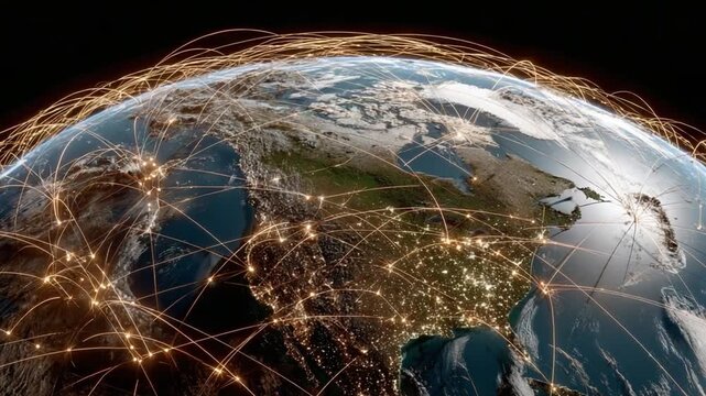 Global Network: An artistic representation of the Earth is interwoven with a network of glowing lines, symbolizing the world's interconnectedness and the flow of information across continents. 