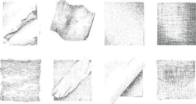 Collection of monochromatic stippled and hatched textures with organic and irregular shapes creating a raw and artistic visual style for