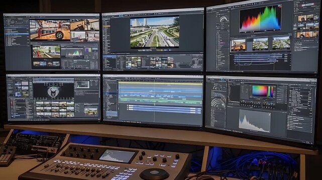 multi monitor editing studio with color grading workstation and control panels