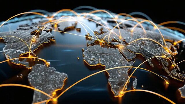 Global Connectivity: A radiant network of interconnected lines gracefully arcs across the world map, symbolizing the dynamic interplay of globalization and digital communication. 