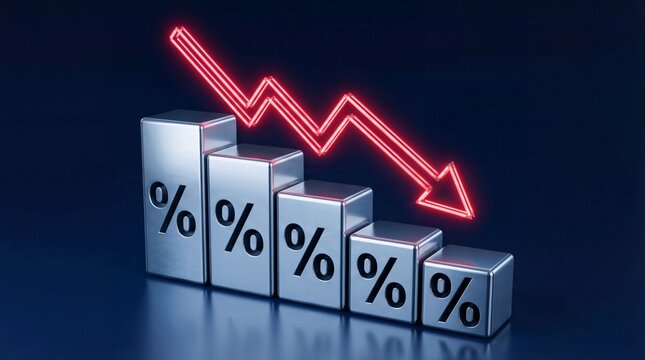 A 3D bar graph with a downward trend shows decreasing percentages on a dark background