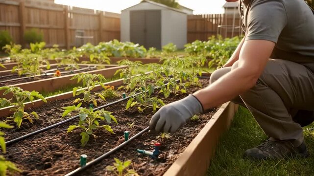 Medium shot of a technician connecting drip irrigation tubing along a garden bed to ensure precise water delivery for plant health.