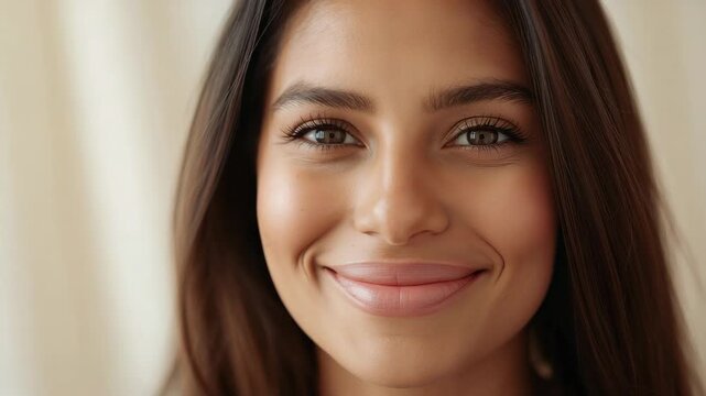Smiling woman shifting to warm smile, closing eyes during cam hold for studio portrait cream drape