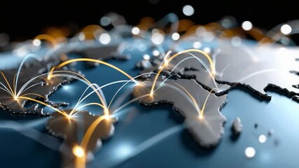 Global Network: A digital tapestry of interconnected nodes, woven across a stylized world map, symbolizes the intricate web of global communication and data exchange. - Powered by Adobe