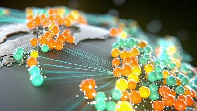 Global Connections: A vibrant display of interconnectedness, as a network of colorful data points and lines weaves across a detailed globe, symbolizing communication and globalization.
