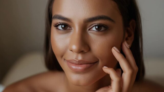 Engaging model on set touching cheek, lifting gaze with lens moving closer, stud and bare shoulders