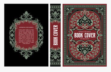 Naklejka premium Classic vintage book cover and spine with gold and black art deco, art nouveau ornament, decorative frame, elegant retro style for classic publications, posters, artistic layouts