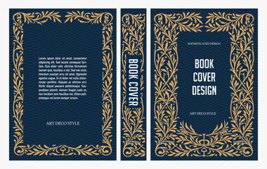 Naklejka premium Classic vintage book cover and spine with gold and black art deco, art nouveau ornament, decorative frame, elegant retro style for classic publications, posters, artistic layouts