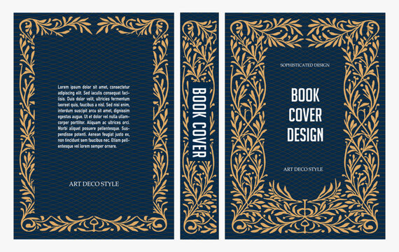 Classic vintage book cover and spine with gold and black art deco, art nouveau ornament, decorative frame, elegant retro style for classic publications, posters, artistic layouts