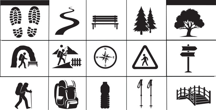 Minimal black icon vector set on white background for relaxed walking and slow tourism design themes.eps