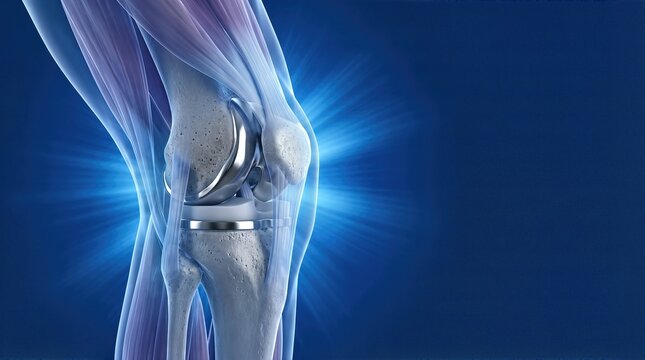 Detailed anatomical illustration of a knee joint with a prosthetic implant, showcasing the intricate design and functionality of modern orthopedic solutions for mobility enhancement