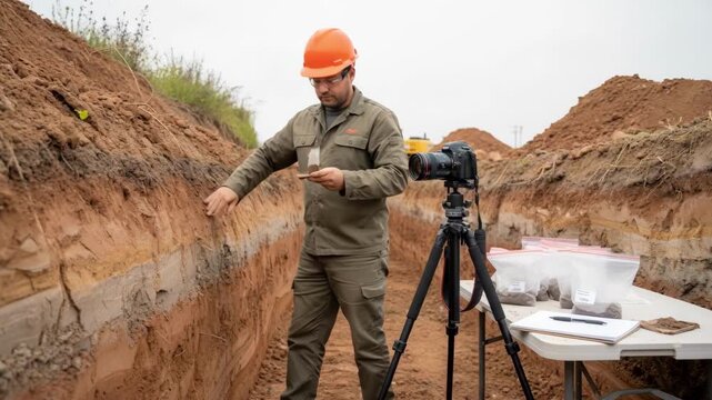 Medium shot focusing on a worker securing clay soil samples from a freshly dug trench to study layer consistency.