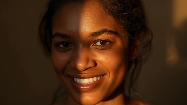 Smiling woman, strapless, reacting to shifting narrow band in warm room, stud earring and hair-tie