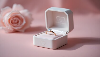 Engagement ring in a white box with a rose