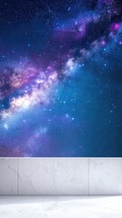 A stunning cosmic backdrop featuring a vibrant blue and purple nebula over a textured white concrete floor and wall.