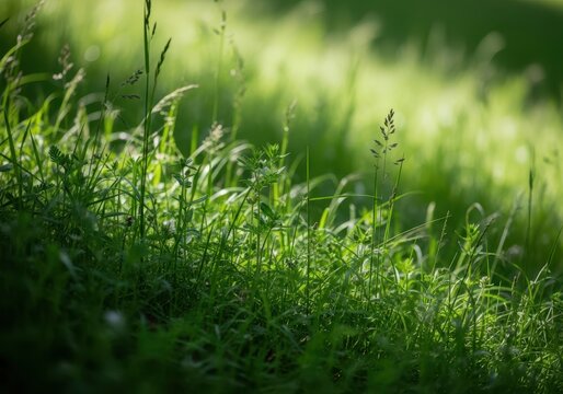 Lush, vibrant green meadow details, showing diverse textures of wild grasses and assorted herbaceous plants thriving in sunlight, environment, spring, lush