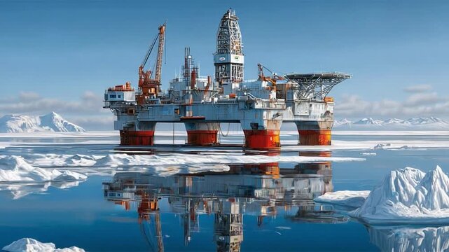 Drilling Rig in Polar Waters: A majestic drilling rig, a symbol of industry and progress, stands defiant in the frigid polar waters, reflecting its presence in the mirror-like icy sea.