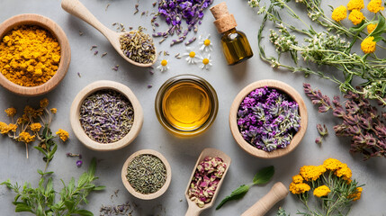 Herbal remedies and essential oils on a gray surface