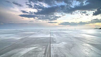 Expansive Tiled Platform Under a Dramatic Sunset Sky with Distant Islands