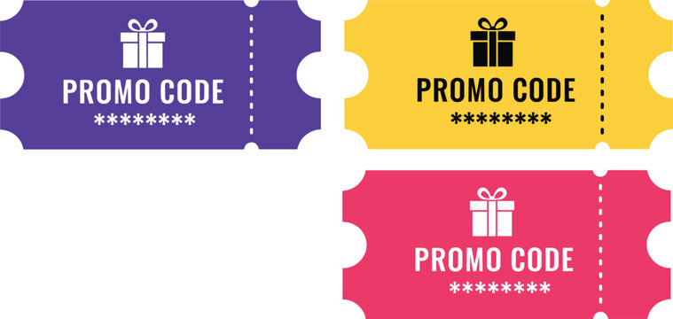 Set of purple yellow and pink promo code vouchers with gift icons for retail discounts and marketing promotions.