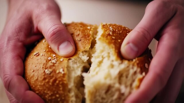Hands tearing a freshly baked bread in half with a rustic texture and sesame seeds on a wooden table