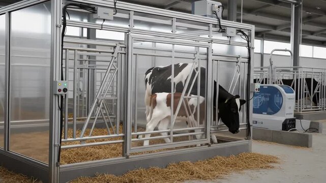 Medium shot of a sensorcontrolled robotic weaning pen gently separating a calf from its mother highlighting advanced automation in livestock management.