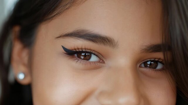 Smiling woman holding black eyeliner pencil, showing winged liner for detail in studio, pearl studs