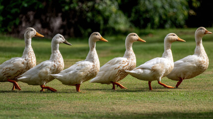 Obraz premium White ducks walking in a line on green grass in park or farm setting, playful animal behavior captured in side view with natural background
