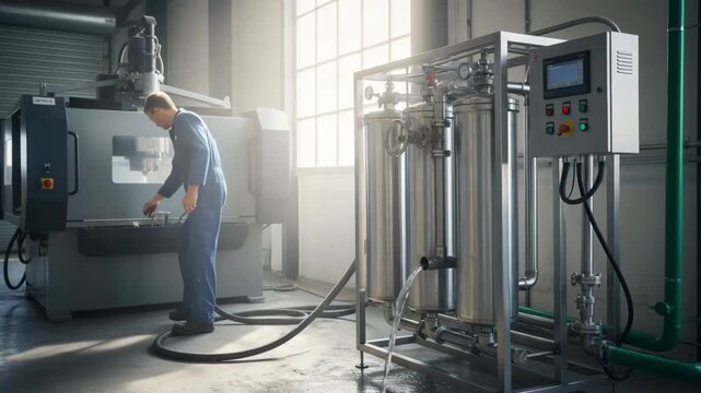 Medium shot of a worker adjusting filtration equipment to recycle water used in industrial cutting highlighting sustainable water management practices.