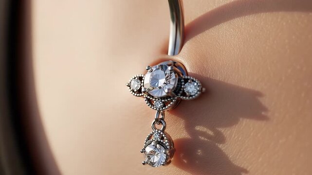 navel piercing jewelry with diamond drop flower ring closeup