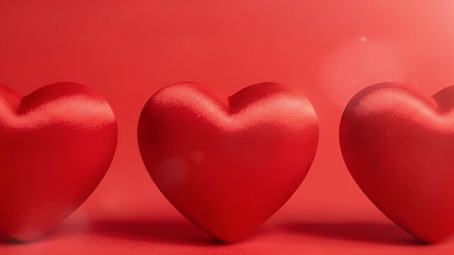 A vibrant row of sleek red heart shapes stands prominently against a complementary rich red background, creating a visually striking and emotionally resonant scene. The warm, inviting ambiance evokes 