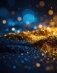 Abstract shimmering texture of dark blue and gold glittering particles with prominent bokeh effect in the background.