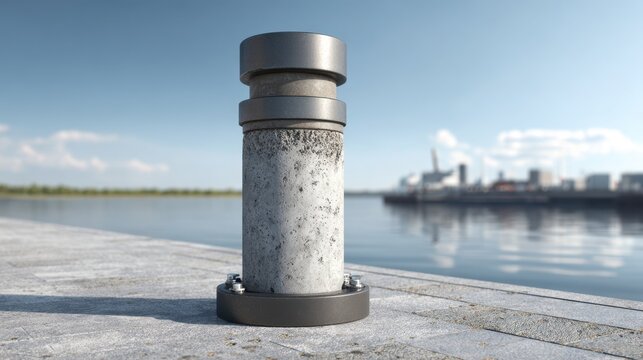 Close medium shot of hybrid bollard with combined concrete core and steel casing illustrating modern mooring post strength