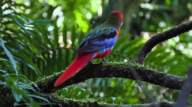 Vibrant bird perches on mossy branch in lush forest surroundings, captured in a serene video