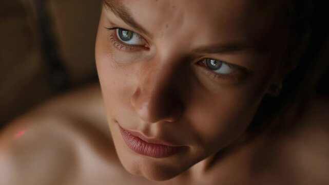 Glancing woman with silver hoop shifting gaze in dimly lit room after red dot on shoulder