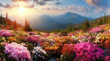 Fototapeta premium Vibrant Rhododendron Bloom in Mountain Landscape at Scenic Sunset