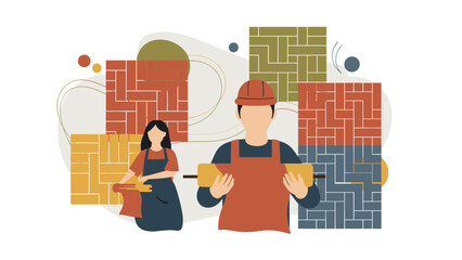 Construction Workers Holding Building Materials in a Modern Illustration.