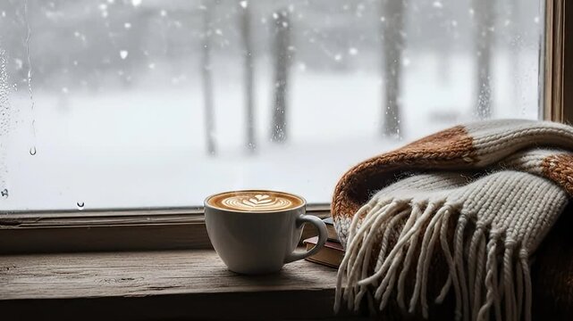 A warm and inviting scene showcases a steaming mug of coffee with delicate latte art, placed on a rustic wooden windowsill. A cozy knitted scarf rests nearby, inviting comfort and warmth. Through the 