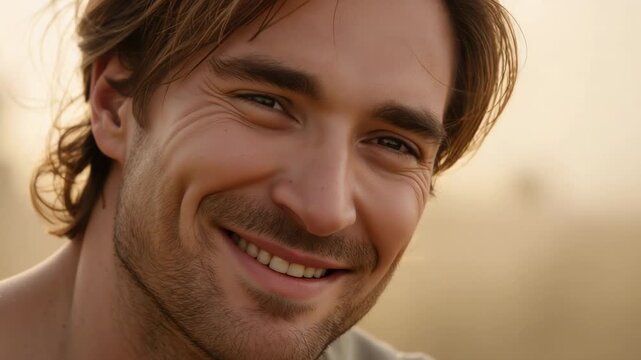 Warm backlight nudging smiling male widening smile at golden hour with dimples stubble casual shirt