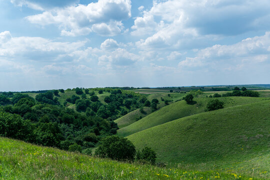 Beautiful green hills, pastures and trees of Zagajicka brda in Serbia near Vrsac. Scenic spring and summer nature landscape.